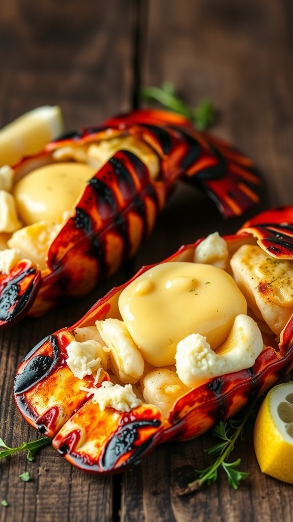Delicious lobster tails topped with garlic butter, served on a rustic wooden table.