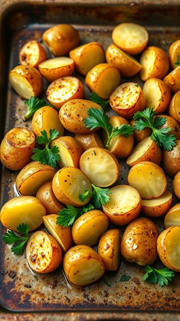 A tray of garlic roasted baby potatoes garnished with fresh parsley.