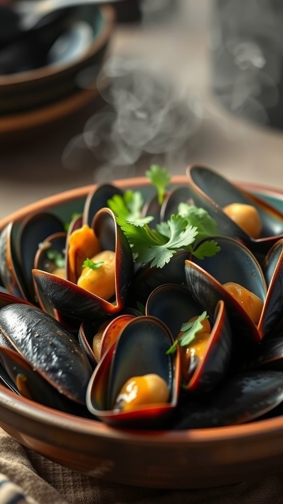A bowl of garlicky mussels cooked in white wine, garnished with fresh herbs.