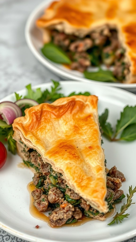 A slice of Greek Lamb and Spinach Pie (Spanakopita) on a plate with fresh vegetables.