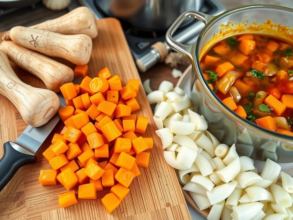 Chopped carrots and parsnips next to a pot of beef and ale stew.