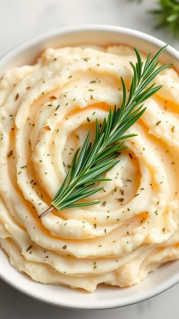 A bowl of creamy mashed potatoes topped with a sprig of rosemary.