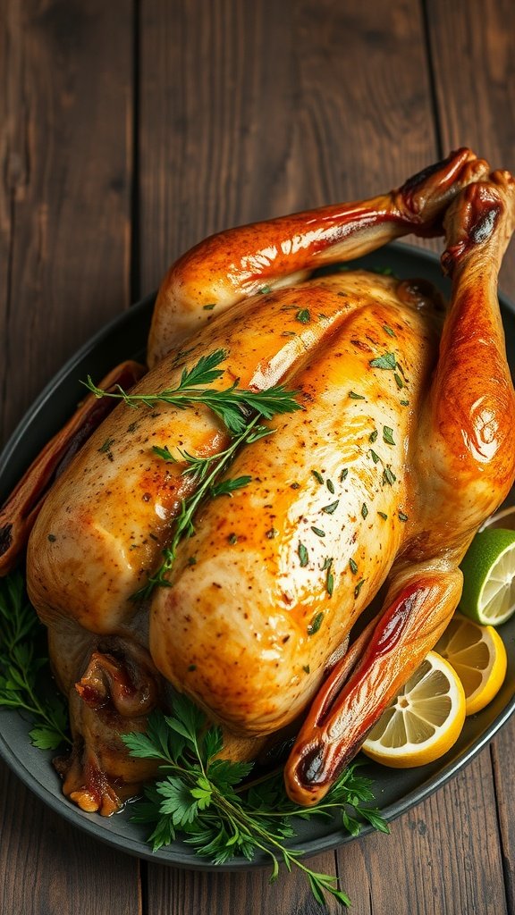 A beautifully roasted goose garnished with herbs and lemon slices.