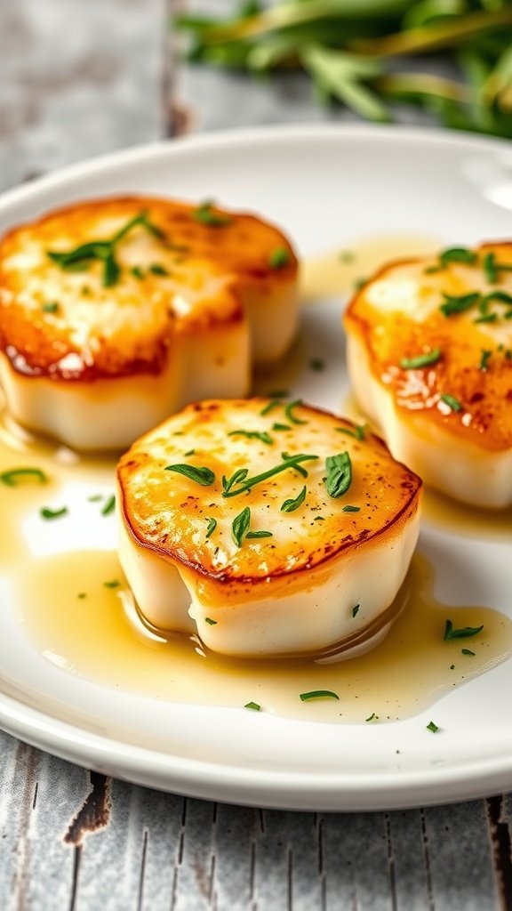 Three perfectly cooked scallops drizzled with garlic butter and topped with fresh herbs.