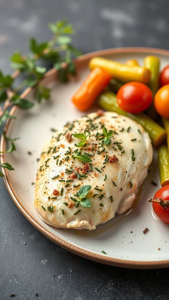 A plate of herb and cheese stuffed chicken breast alongside colorful vegetables.