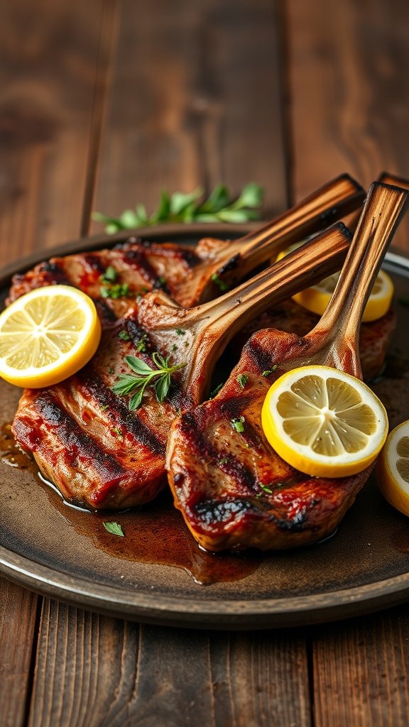 Grilled chops with lemon slices on a wooden table