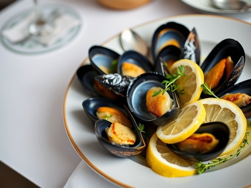 A plate of fresh mussels garnished with lemon slices and herbs.