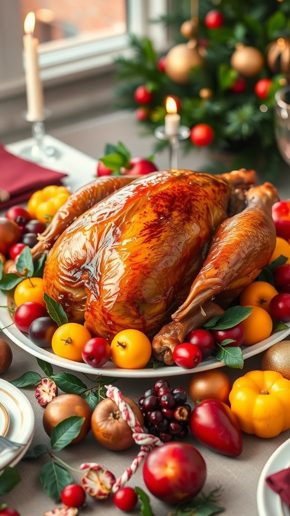 A beautifully roasted goose with a honey glaze surrounded by colorful fruits on a festive table.