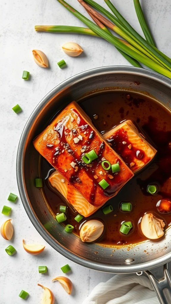 Delicious salmon fillets marinated in honey garlic miso sauce, garnished with green onions.