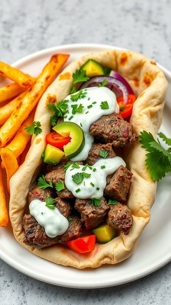 A lamb gyro wrapped in pita bread, garnished with vegetables and tzatziki sauce, served with fries.