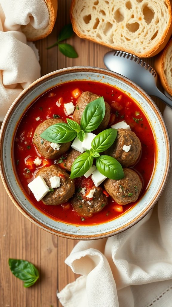 A bowl of lamb meatballs in rich tomato sauce, garnished with fresh basil and feta cheese, alongside slices of bread.