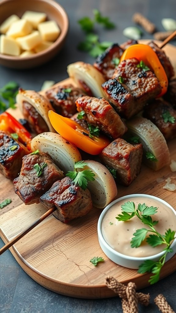 Grilled lamb souvlaki skewers with colorful vegetables on a wooden platter.