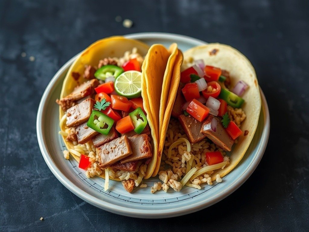 Delicious pork belly tacos with fresh toppings on a plate.