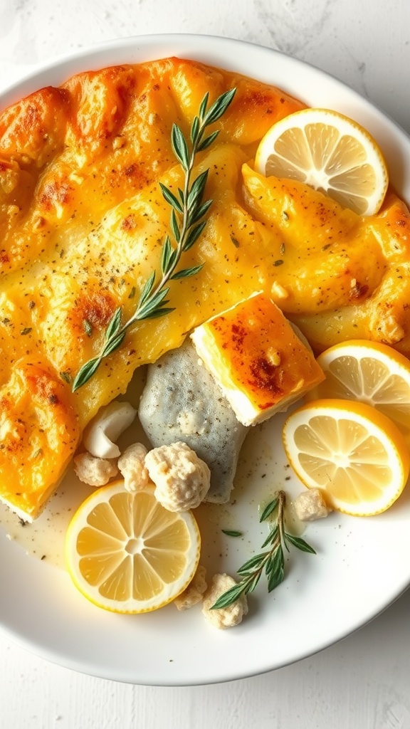 A delicious lemon and herb infused fish pie with lemon slices and herbs on top.