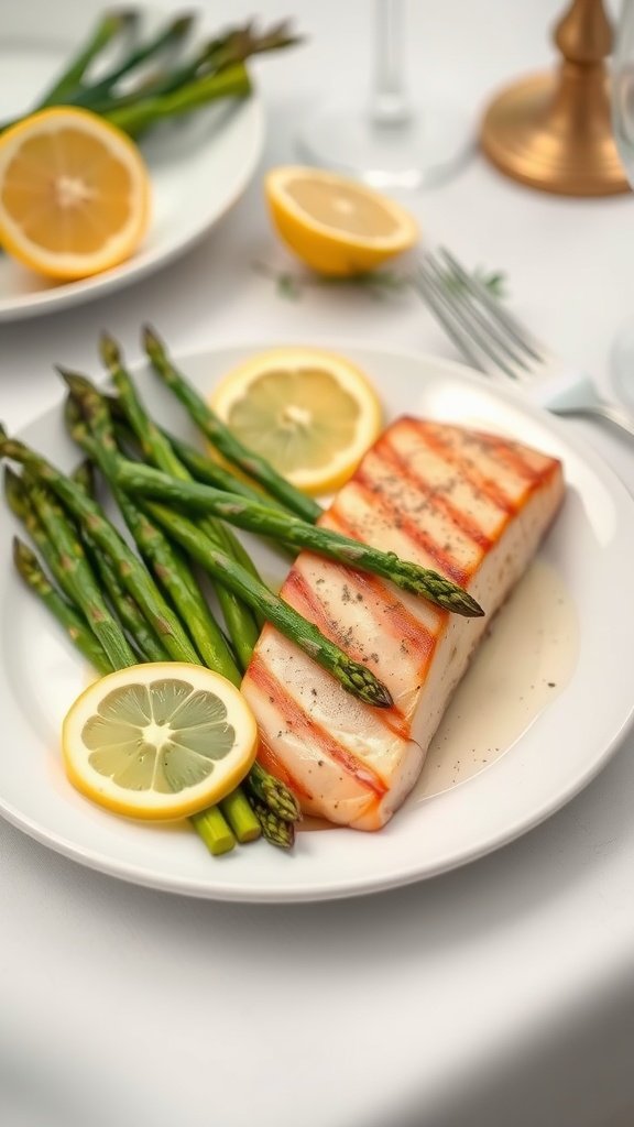 A plate of lemon garlic butter salmon with asparagus and lemon slices.