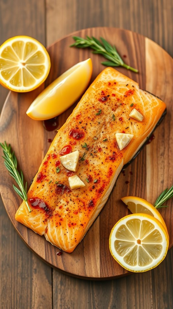 Lemon ginger miso salmon garnished with lemon slices and herbs