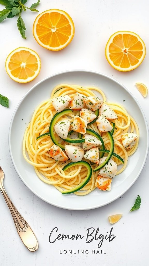 A plate of Lemon Herb Crab Linguine with zucchini noodles, topped with chunks of crab meat and accompanied by lemon halves.