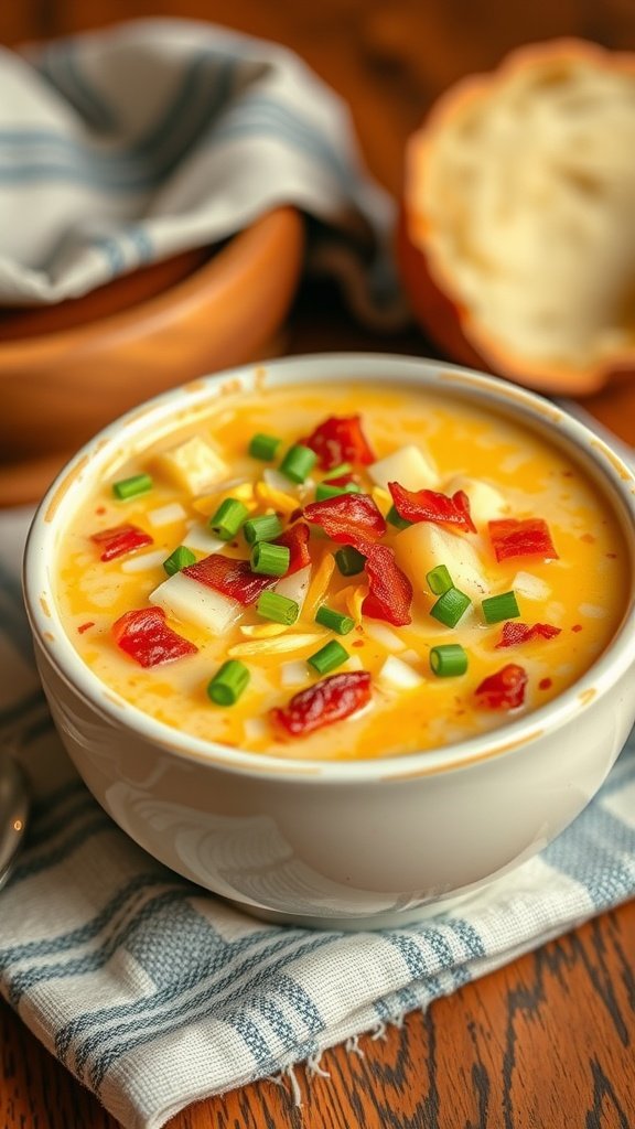 A bowl of loaded baked potato soup topped with cheese, bacon, and green onions.