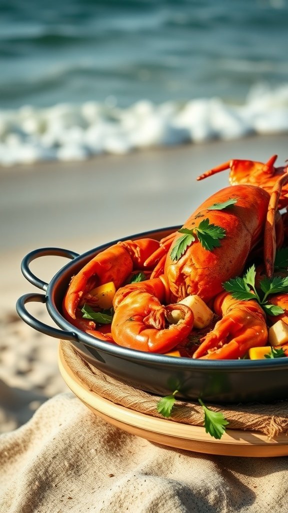 A delicious lobster paella with fresh herbs, set against a beach background