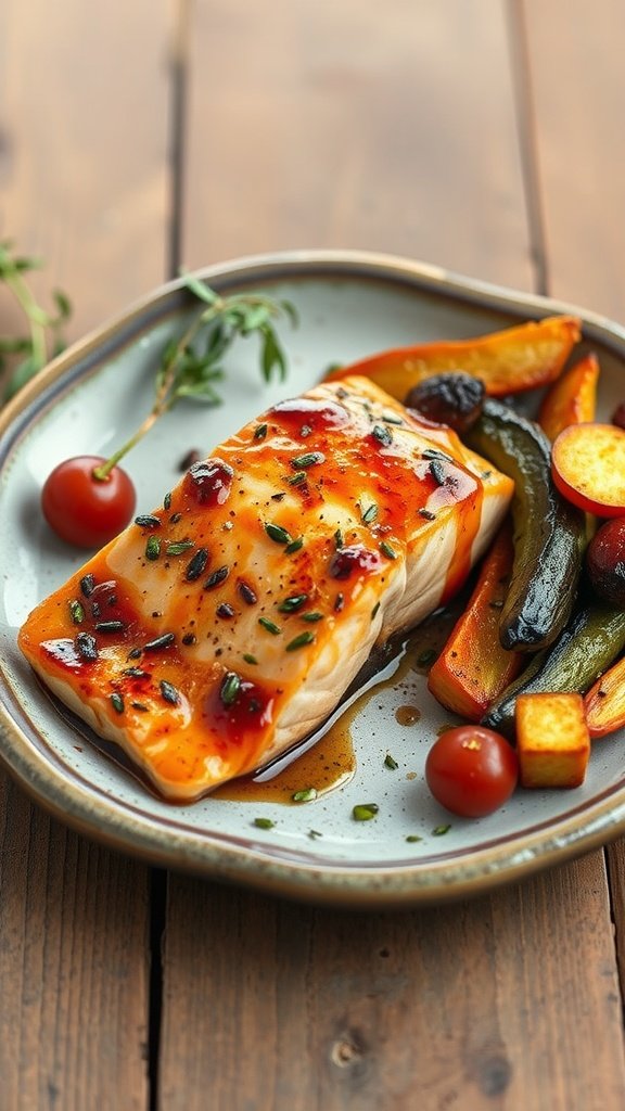 A plate of maple miso glazed salmon served with roasted vegetables.