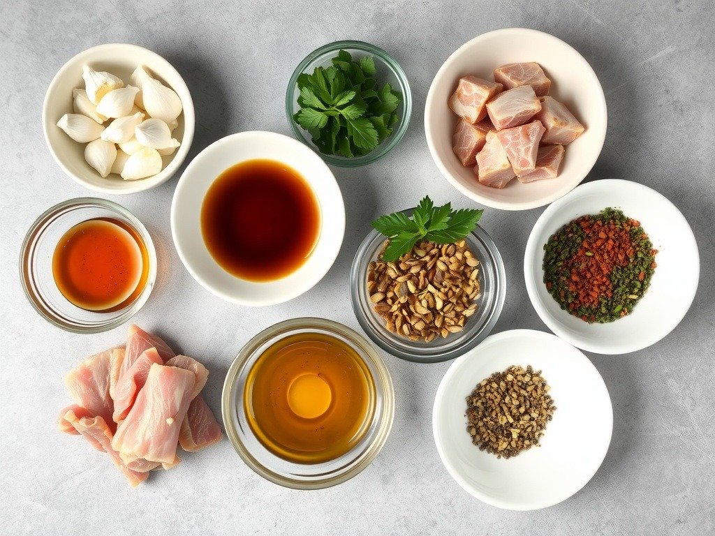 Ingredients for marinades including garlic, soy sauce, and spices.