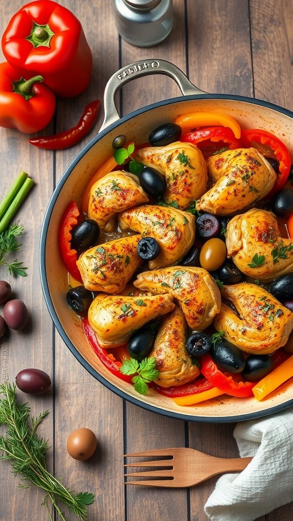 A delicious one-pan Mediterranean chicken dish with colorful vegetables and olives.