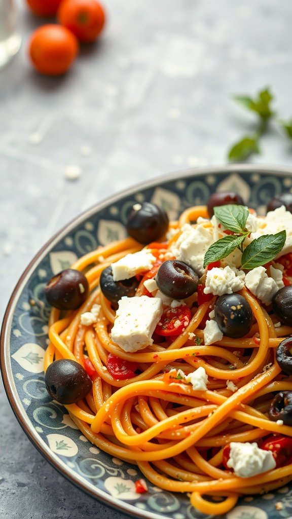 A bowl of Mediterranean crab linguine with olives and feta garnished with mint.