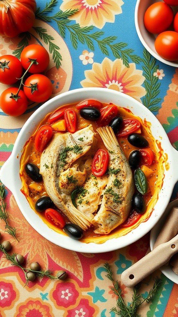 A Mediterranean dish topped with tomatoes and olives.