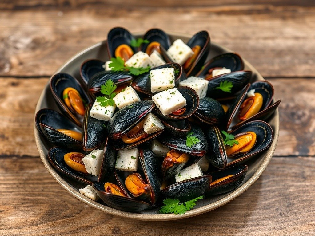 A plate of mussels with feta and herbs on a wooden table.