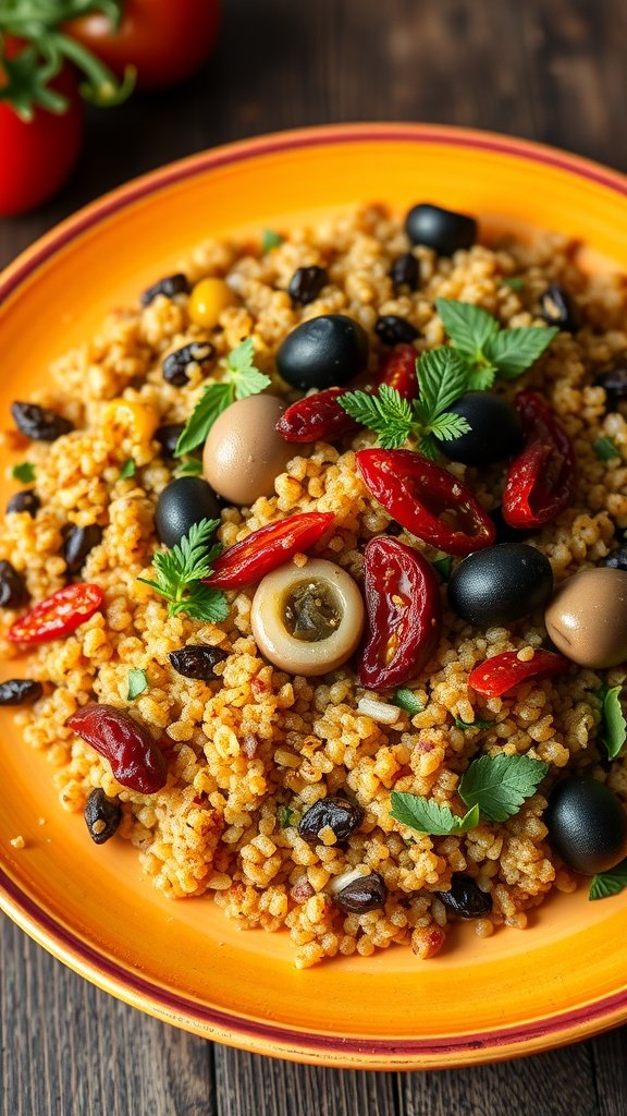 A colorful dish of Mediterranean quinoa paella topped with olives, roasted peppers, and fresh herbs.