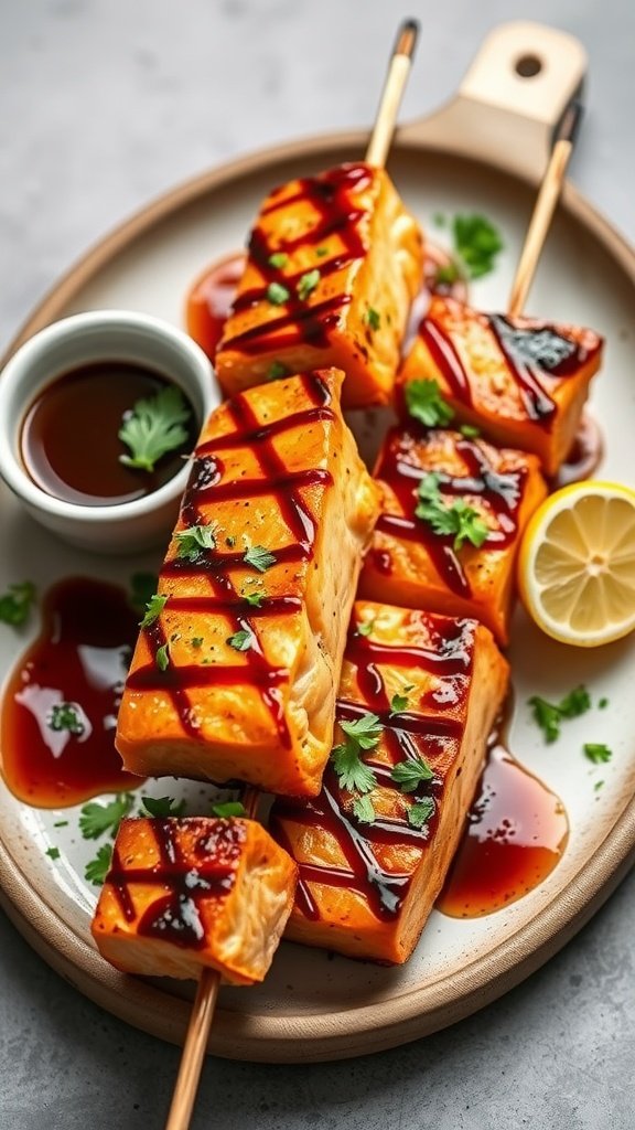 Grilled salmon skewers with miso glaze on a plate, garnished with cilantro and lemon.
