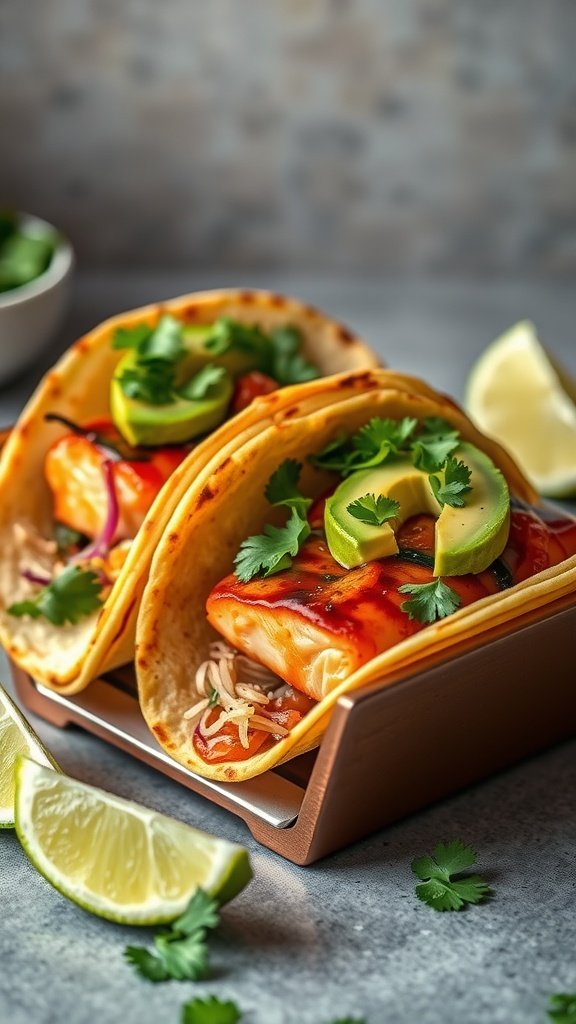 Delicious miso glazed salmon tacos with avocado, lime, and cilantro
