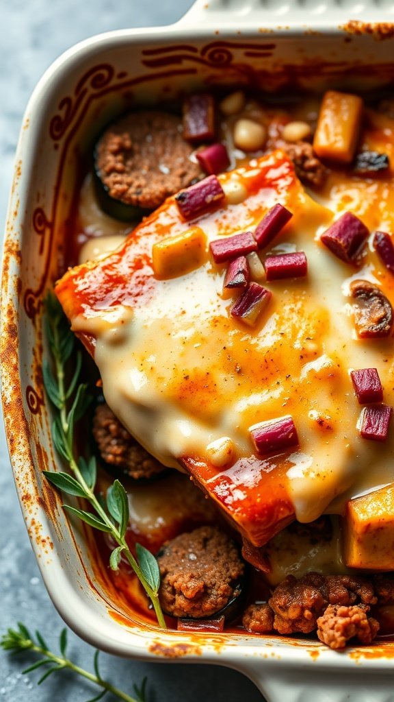 A delicious moussaka featuring layers of eggplant and creamy sauce in a casserole dish.