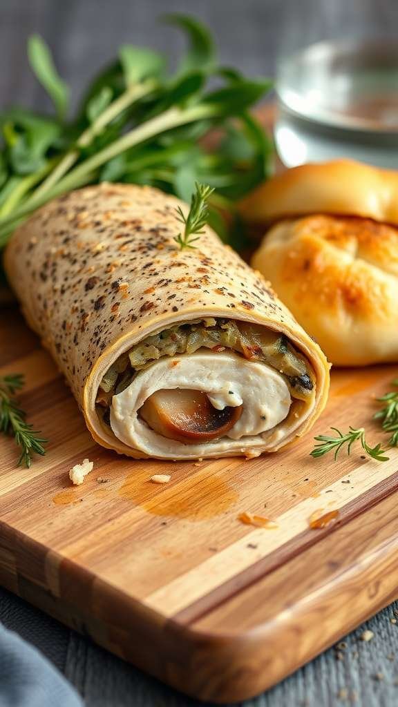 A delicious mushroom and thyme stuffed chicken roll on a wooden board, garnished with herbs.