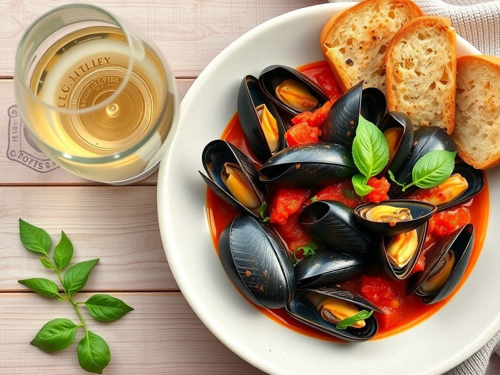 A plate of mussels in tomato basil sauce with crusty bread and a glass of white wine.