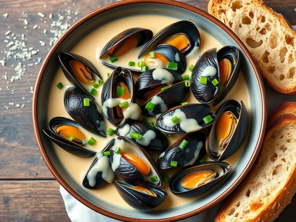 A bowl of mussels in creamy garlic sauce with bread on the side.