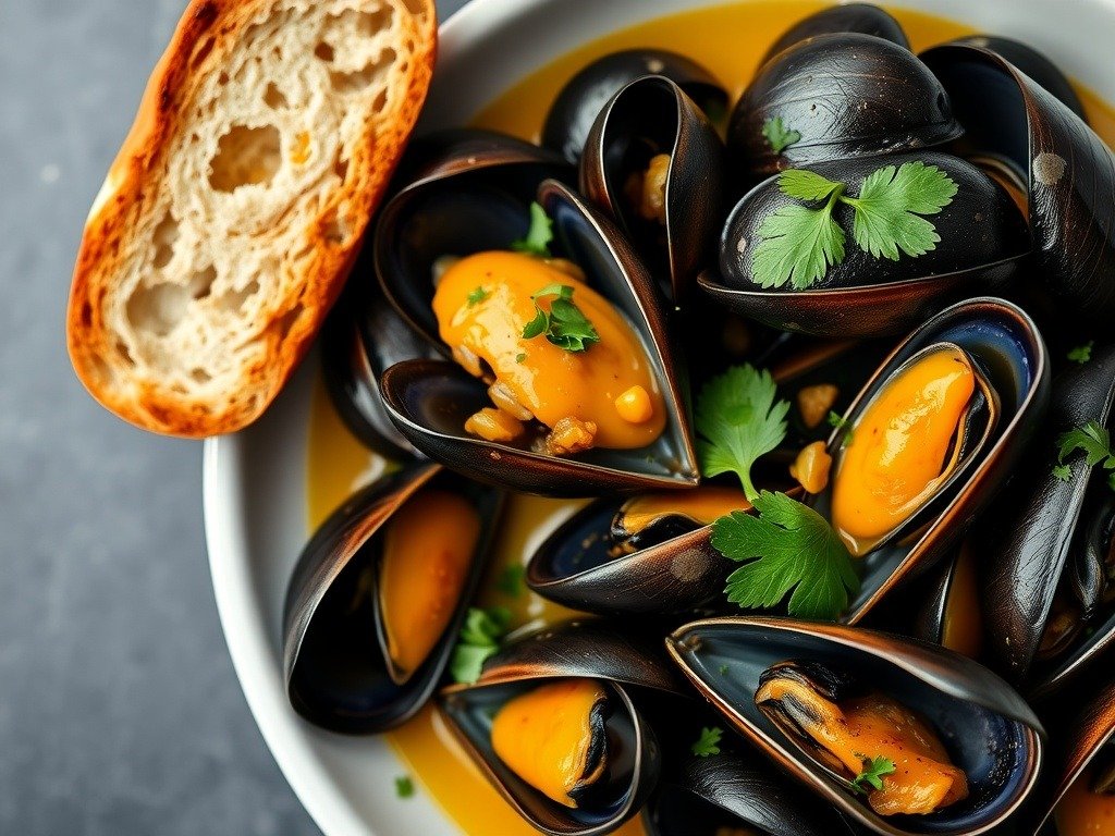 A bowl of mussels cooked in white wine and saffron sauce, garnished with fresh herbs, alongside a slice of crusty bread.