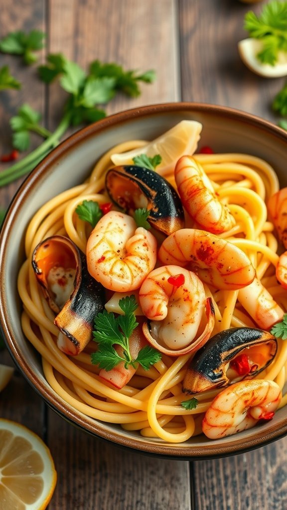 A bowl of pasta with shrimp and mussels, garnished with lemon and herbs.