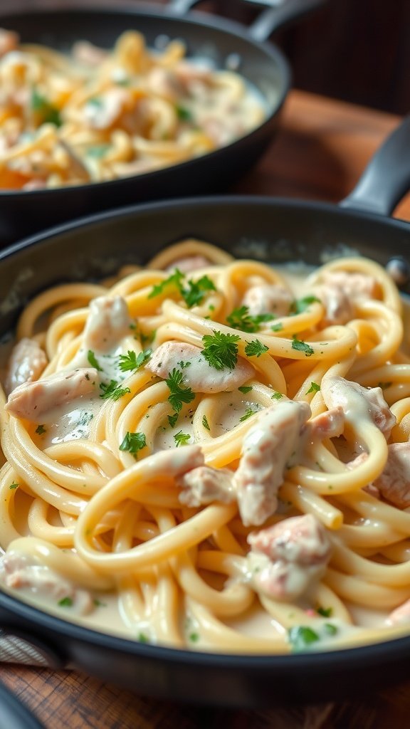 A close-up of chicken alfredo pasta with parsley in a pan.