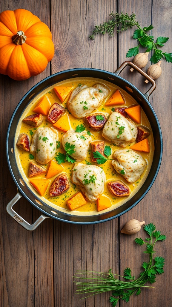 A delicious one-pan creamy chicken and pumpkin dish with pieces of chicken, pumpkin, and herbs in a skillet.