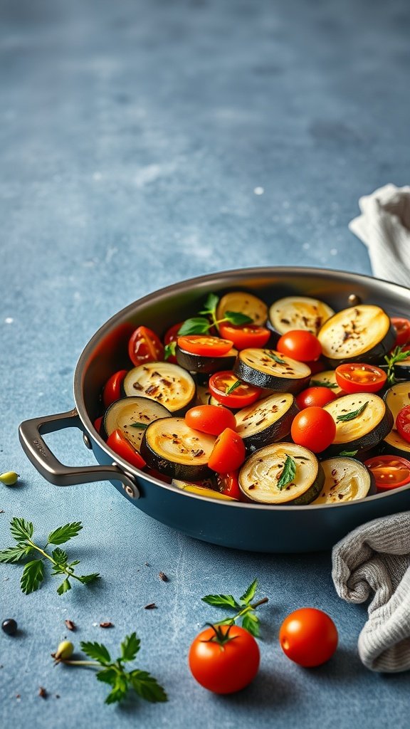 A fresh one-pan ratatouille with sliced zucchini, eggplant, cherry tomatoes, and herbs in a cooking pan.