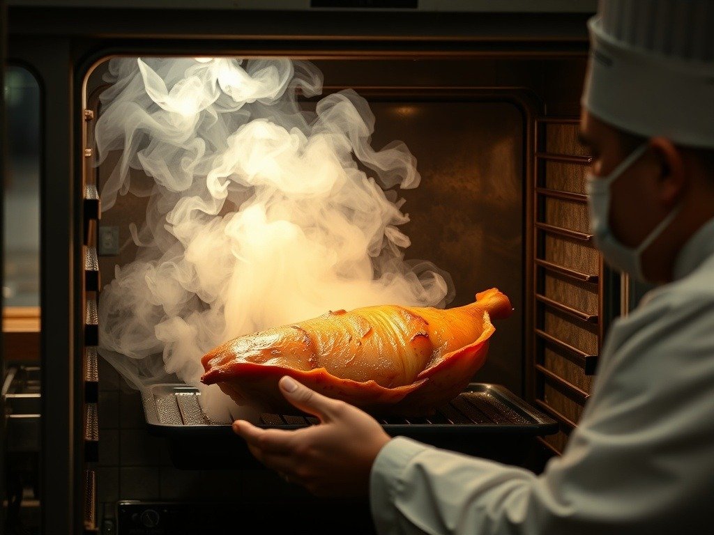 A chef carefully handling a piece of pork belly in a roasting oven, with steam and smoke surrounding it.