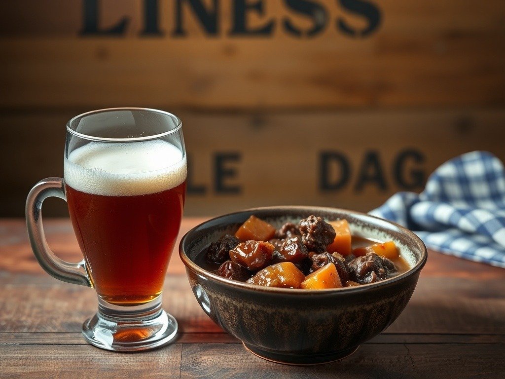 A glass of ale next to a bowl of beef and ale stew with carrots and parsnips.
