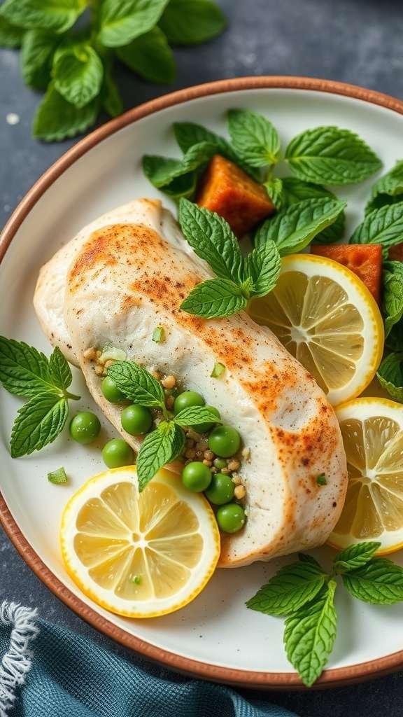 A stuffed chicken breast with peas and mint, garnished with lemon slices and mint leaves on a plate.