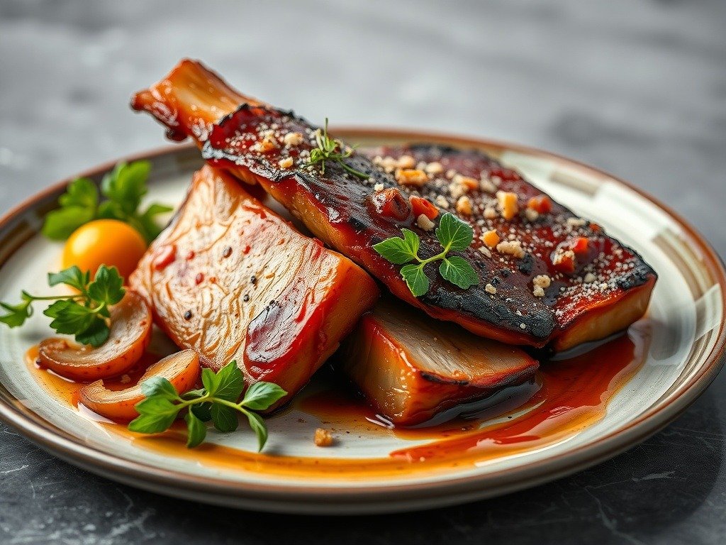 A beautifully plated roast pork belly with crackling, accompanied by applesauce and roasted potatoes.