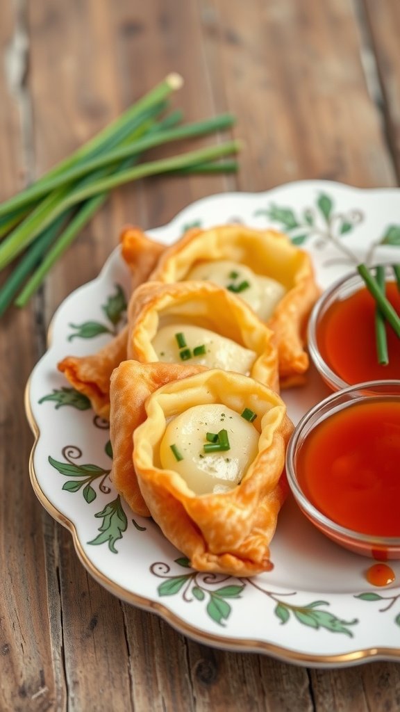 Golden brown stuffed puff pastries with potato and chives served with dipping sauce.