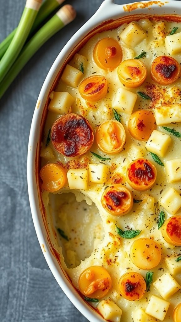 A delicious potato and leek gratin with golden edges, featuring cubes of potatoes and leeks baked in a creamy sauce.