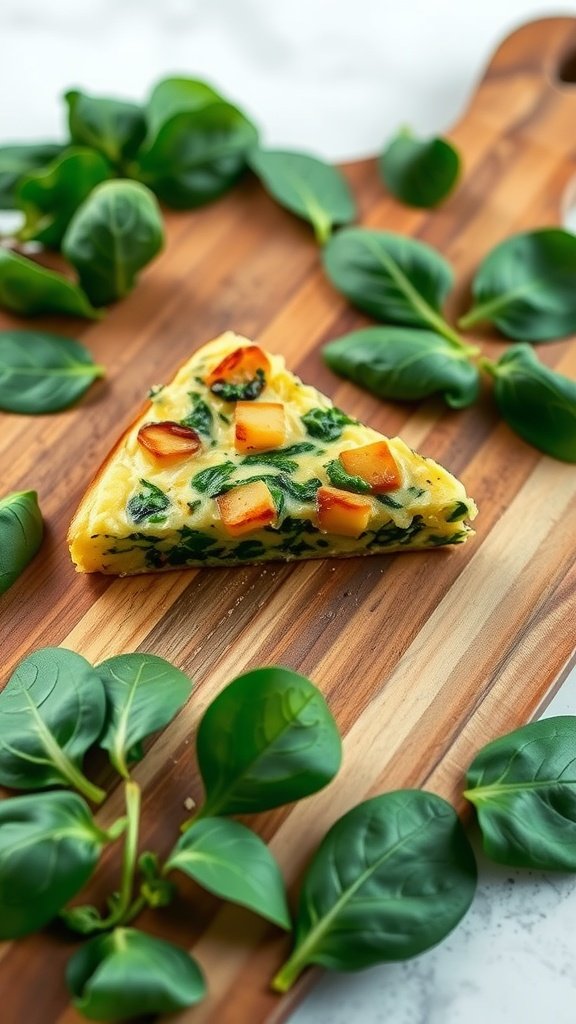 A slice of potato and spinach frittata on a wooden board with fresh spinach leaves.