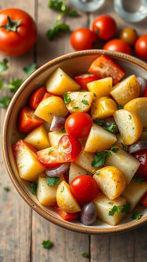 A bowl of potato salad featuring yellow and red potatoes mixed with cherry tomatoes and garnished with herbs.