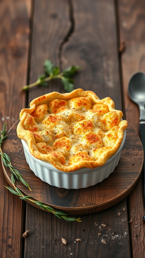 A delicious prawn and cod fish pie with a crispy topping, placed on a wooden table.